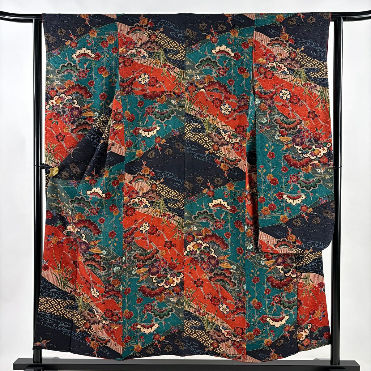 振袖禮服 身長152.5cm 袖長61.5cm S 雙層 松樹梅花 仙鶴 金銀彩 染分 青綠 純蠶絲 名品級
