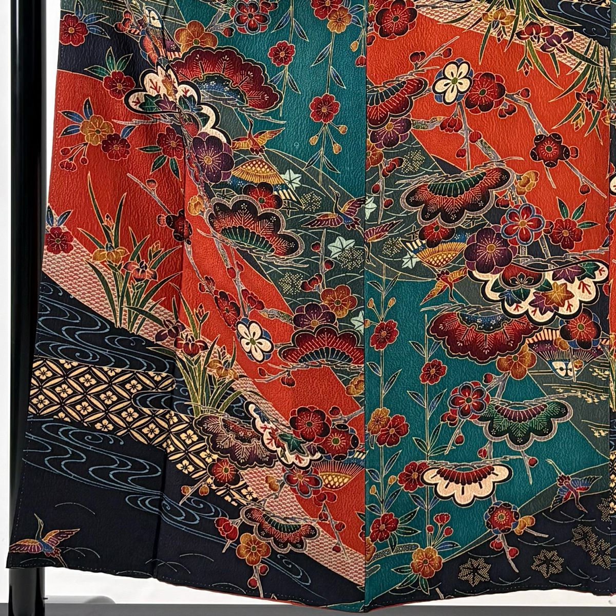 振袖禮服 身長152.5cm 袖長61.5cm S 雙層 松樹梅花 仙鶴 金銀彩 染分 青綠 純蠶絲 名品級