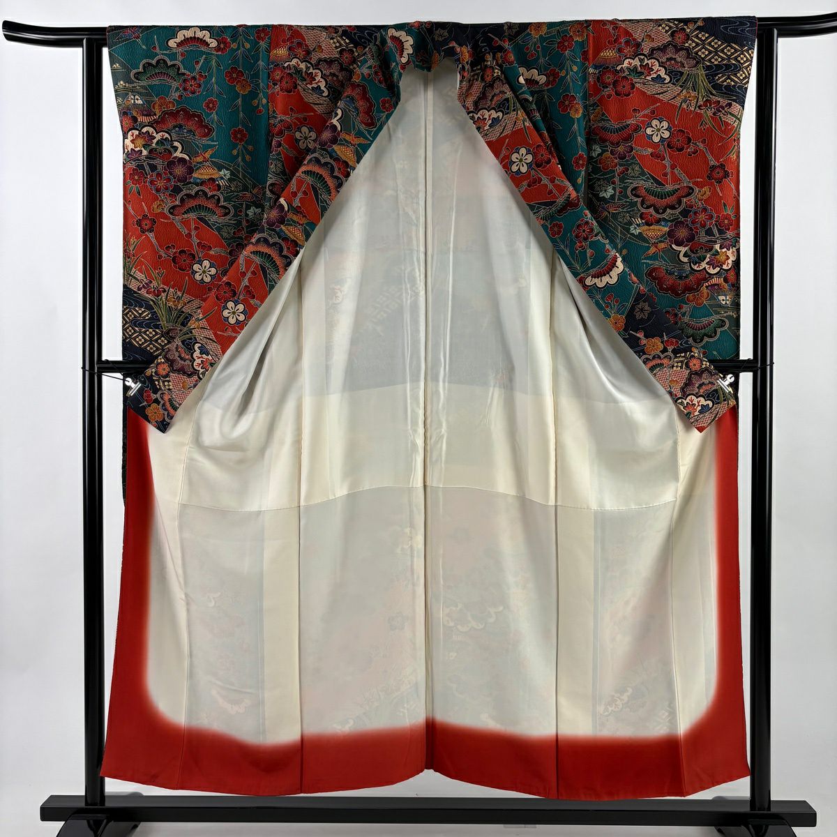 振袖禮服 身長152.5cm 袖長61.5cm S 雙層 松樹梅花 仙鶴 金銀彩 染分 青綠 純蠶絲 名品級