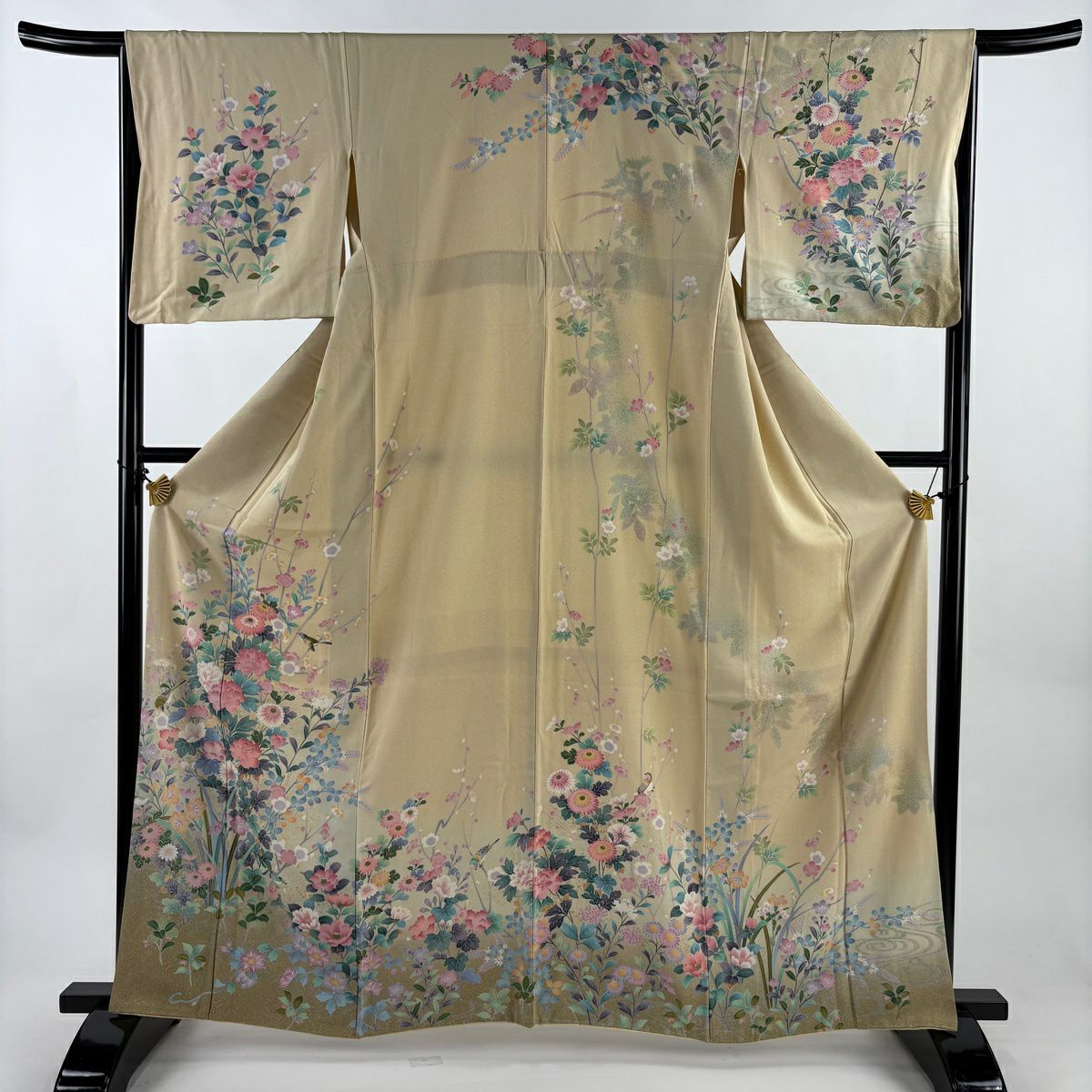 訪問服 身長161.5cm 袖長65.5cm M 雙層 草花紋紋 鳥 金銀彩 漸層 米色 純蠶絲 名品級