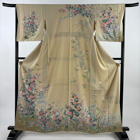 訪問服 身長161.5cm 袖長65.5cm M 雙層 草花紋紋 鳥 金銀彩 漸層 米色 純蠶絲 名品級