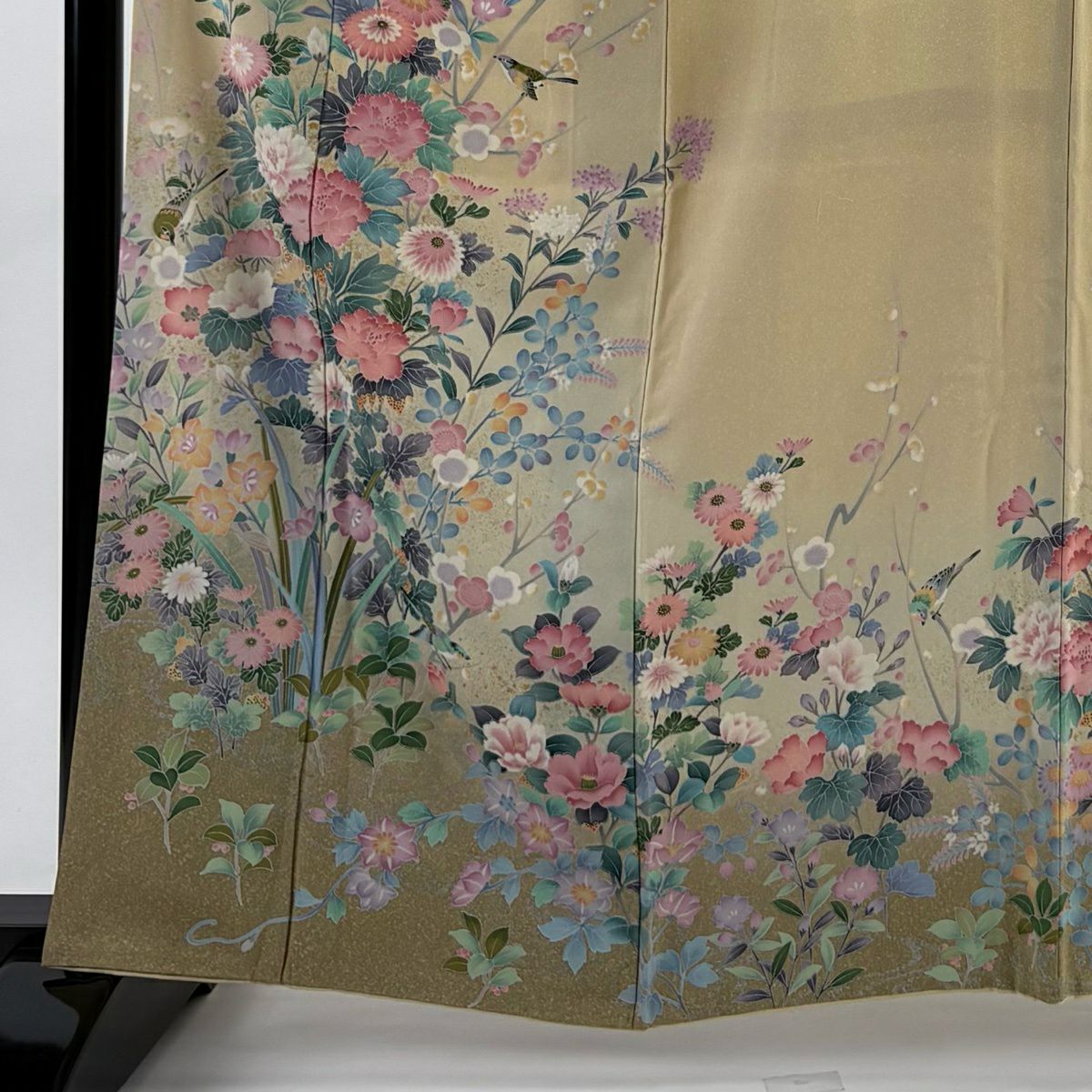訪問服 身長161.5cm 袖長65.5cm M 雙層 草花紋紋 鳥 金銀彩 漸層 米色 純蠶絲 名品級