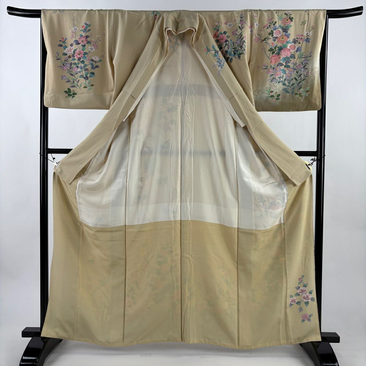 訪問服 身長161.5cm 袖長65.5cm M 雙層 草花紋紋 鳥 金銀彩 漸層 米色 純蠶絲 名品級