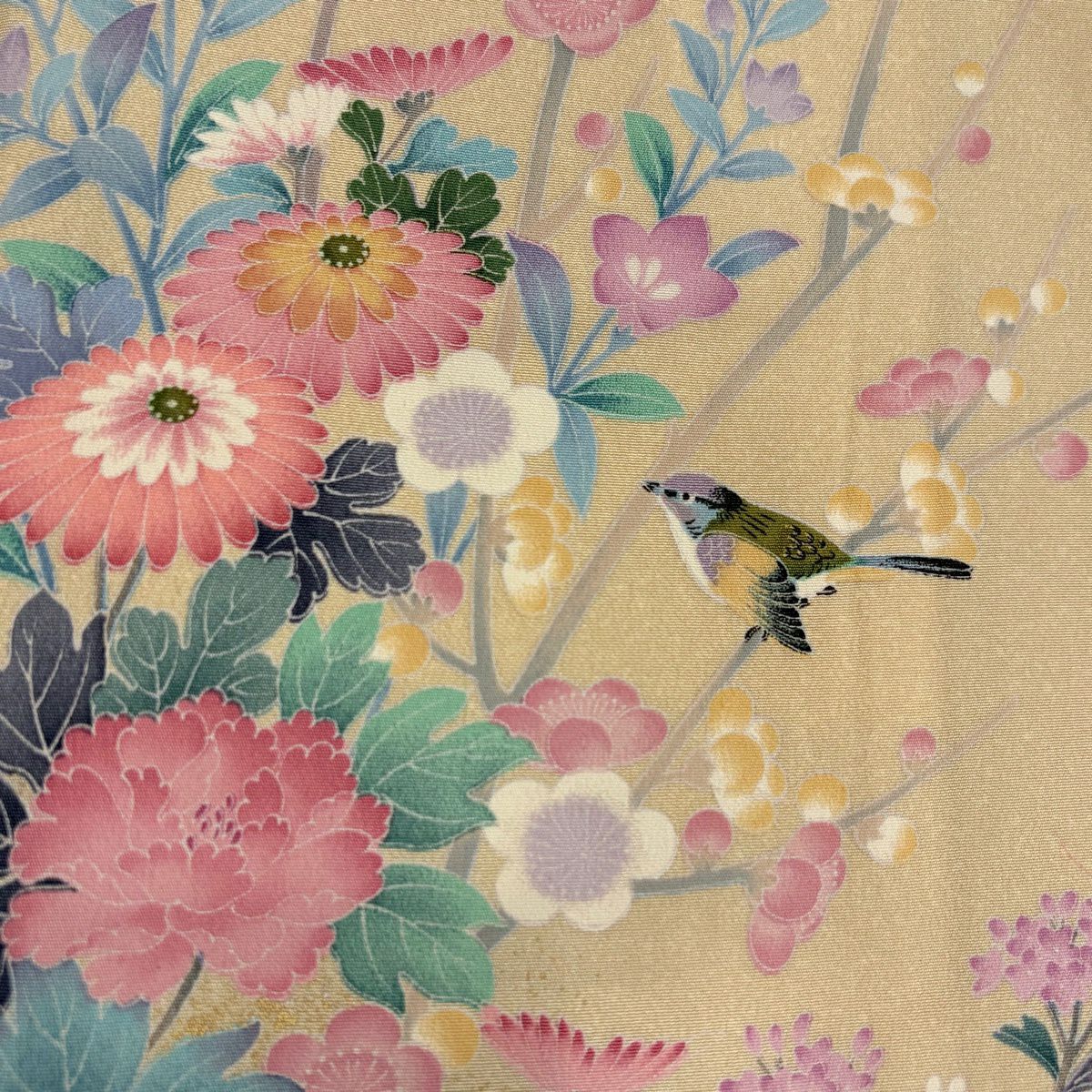 訪問服 身長161.5cm 袖長65.5cm M 雙層 草花紋紋 鳥 金銀彩 漸層 米色 純蠶絲 名品級