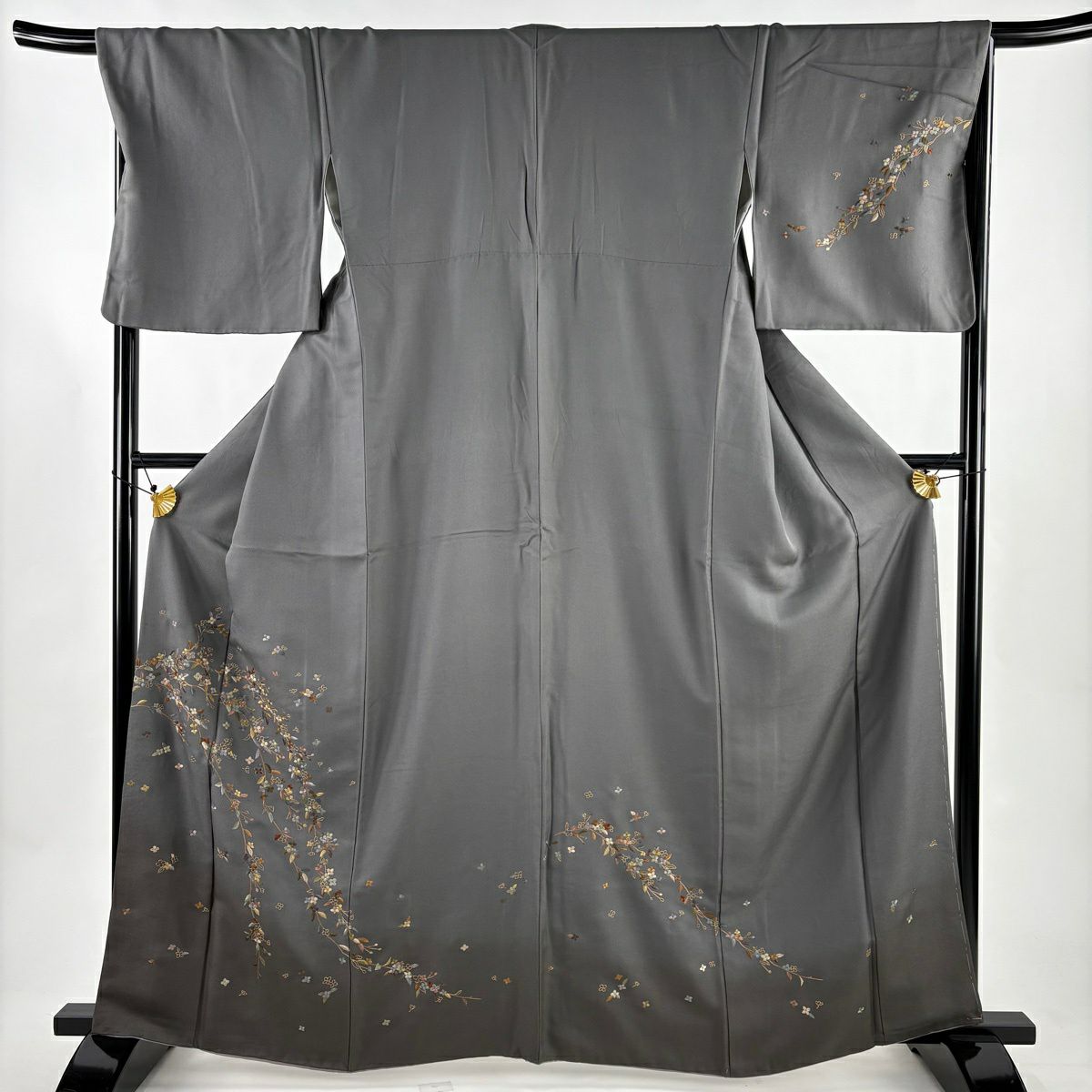 付下 身長164.5cm 袖長68cm L 雙層 枝花刺繡 金線 灰 純蠶絲 名品級