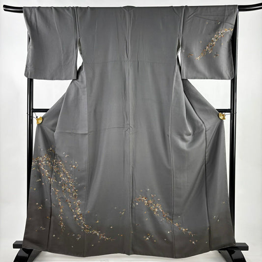付下 身長164.5cm 袖長68cm L 雙層 枝花刺繡 金線 灰 純蠶絲 名品級