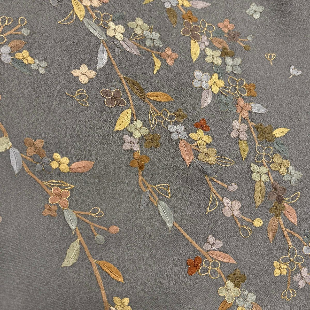 付下 身長164.5cm 袖長68cm L 雙層 枝花刺繡 金線 灰 純蠶絲 名品級