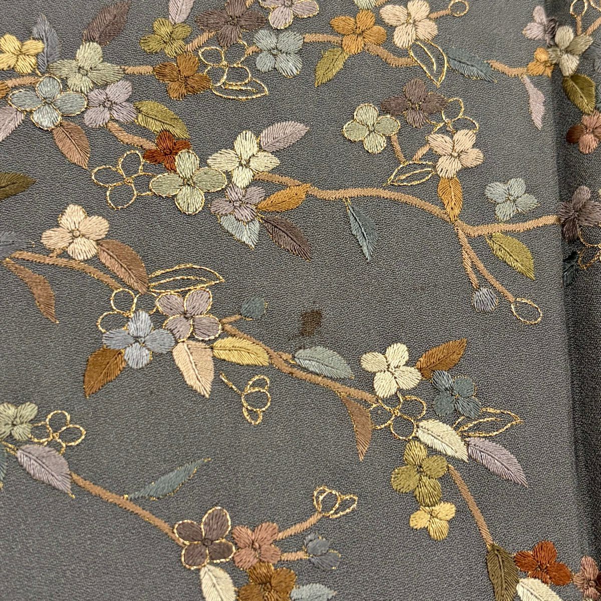 付下 身長164.5cm 袖長68cm L 雙層 枝花刺繡 金線 灰 純蠶絲 名品級