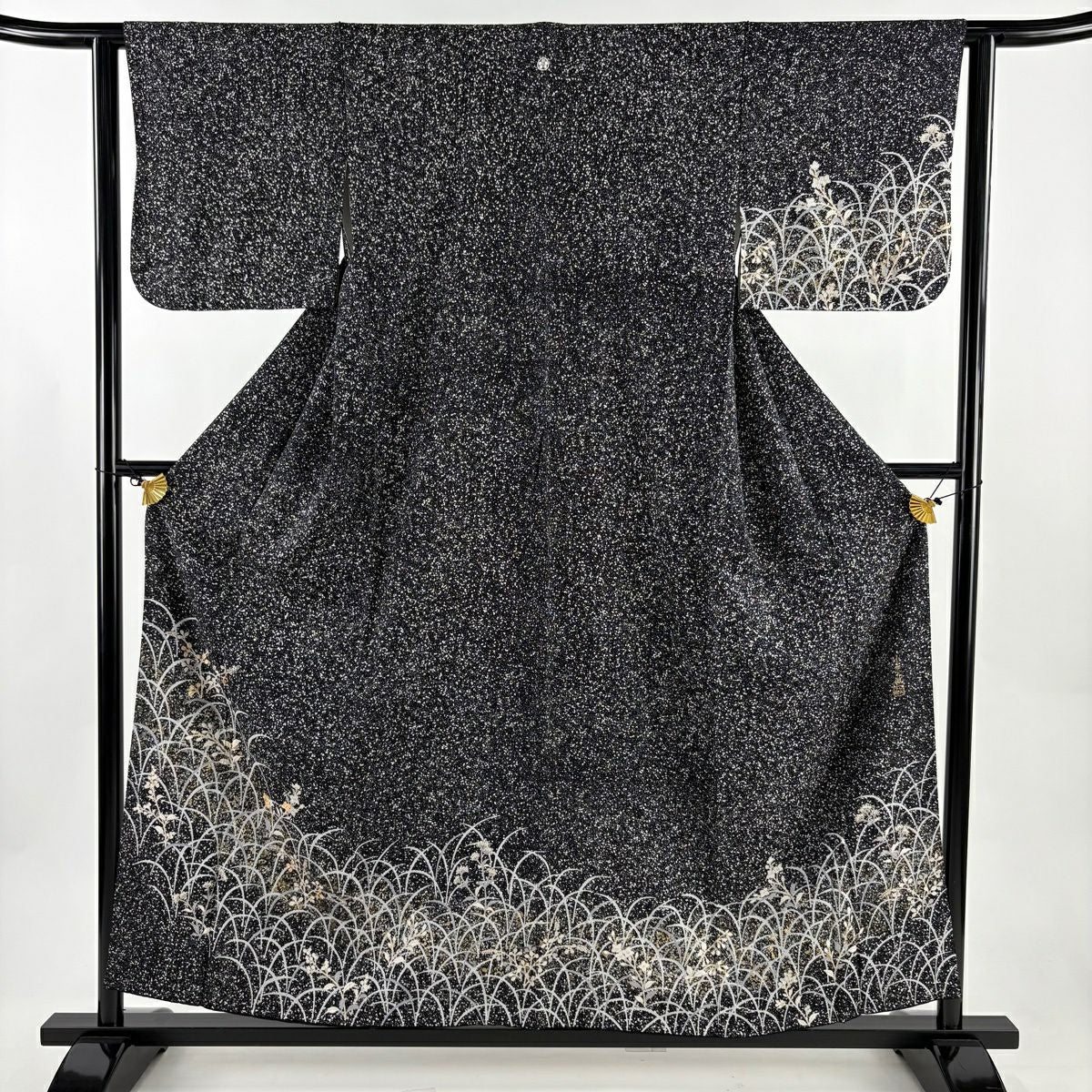 訪問服 身長156cm 袖長61.5cm S 雙層 小糸敏 落款 草花紋紋 葉與實 金絲 金銀彩 黑 純蠶絲 名品級 一つ紋