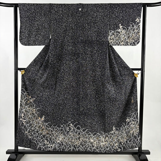 訪問服 身長156cm 袖長61.5cm S 雙層 小糸敏 落款 草花紋紋 葉與實 金絲 金銀彩 黑 純蠶絲 名品級 一つ紋