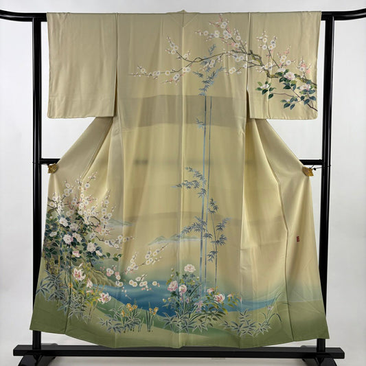 【美品】訪問服 身長153cm 袖長61cm S 雙層 阿部佳雪 ますいわ屋 落款あり 枝梅花 笹 漸層 米色 純蠶絲 名品級