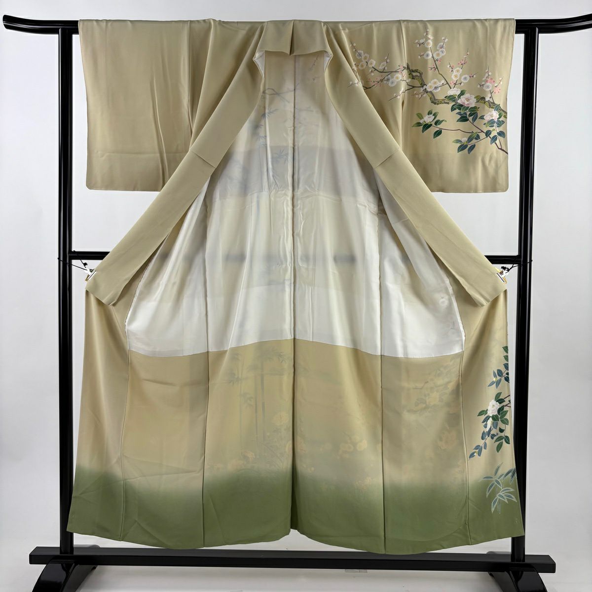 【美品】訪問服 身長153cm 袖長61cm S 雙層 阿部佳雪 ますいわ屋 落款あり 枝梅花 笹 漸層 米色 純蠶絲 名品級