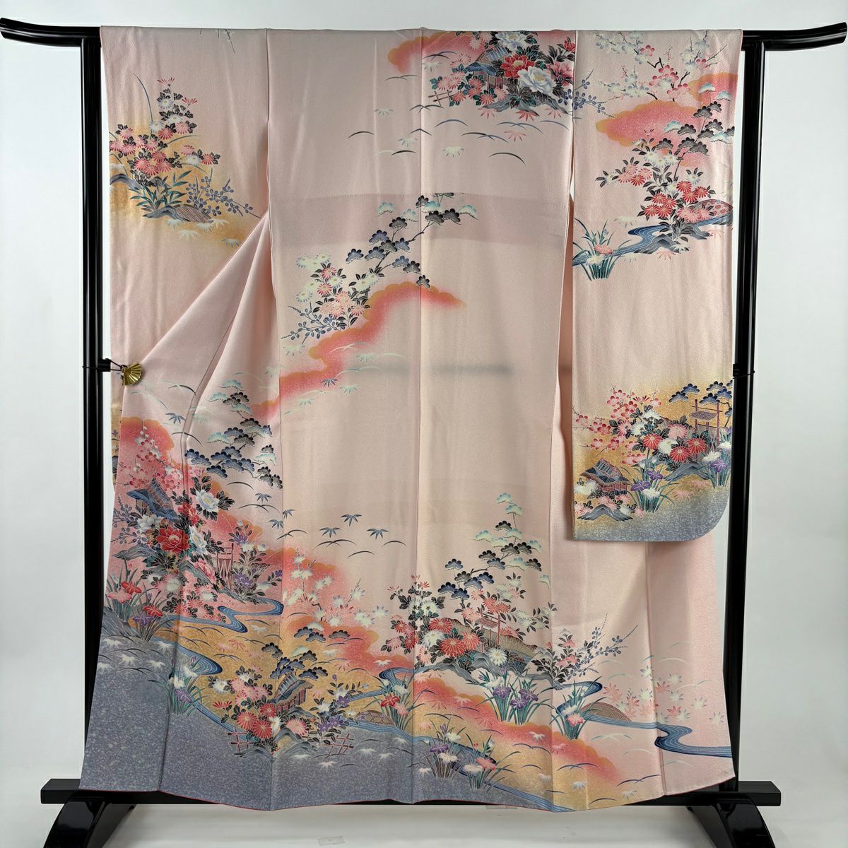 振袖禮服 身長158.5cm 袖長63cm S 雙層 草花紋紋 建物 銀通 金銀彩 淺粉色 純蠶絲 名品級
