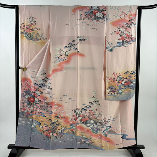 振袖禮服 身長158.5cm 袖長63cm S 雙層 草花紋紋 建物 銀通 金銀彩 淺粉色 純蠶絲 名品級