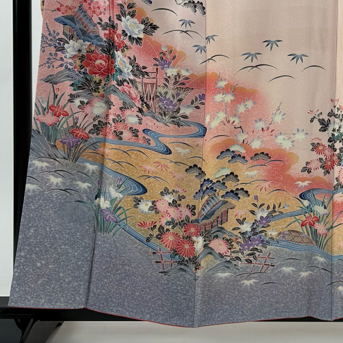 振袖禮服 身長158.5cm 袖長63cm S 雙層 草花紋紋 建物 銀通 金銀彩 淺粉色 純蠶絲 名品級
