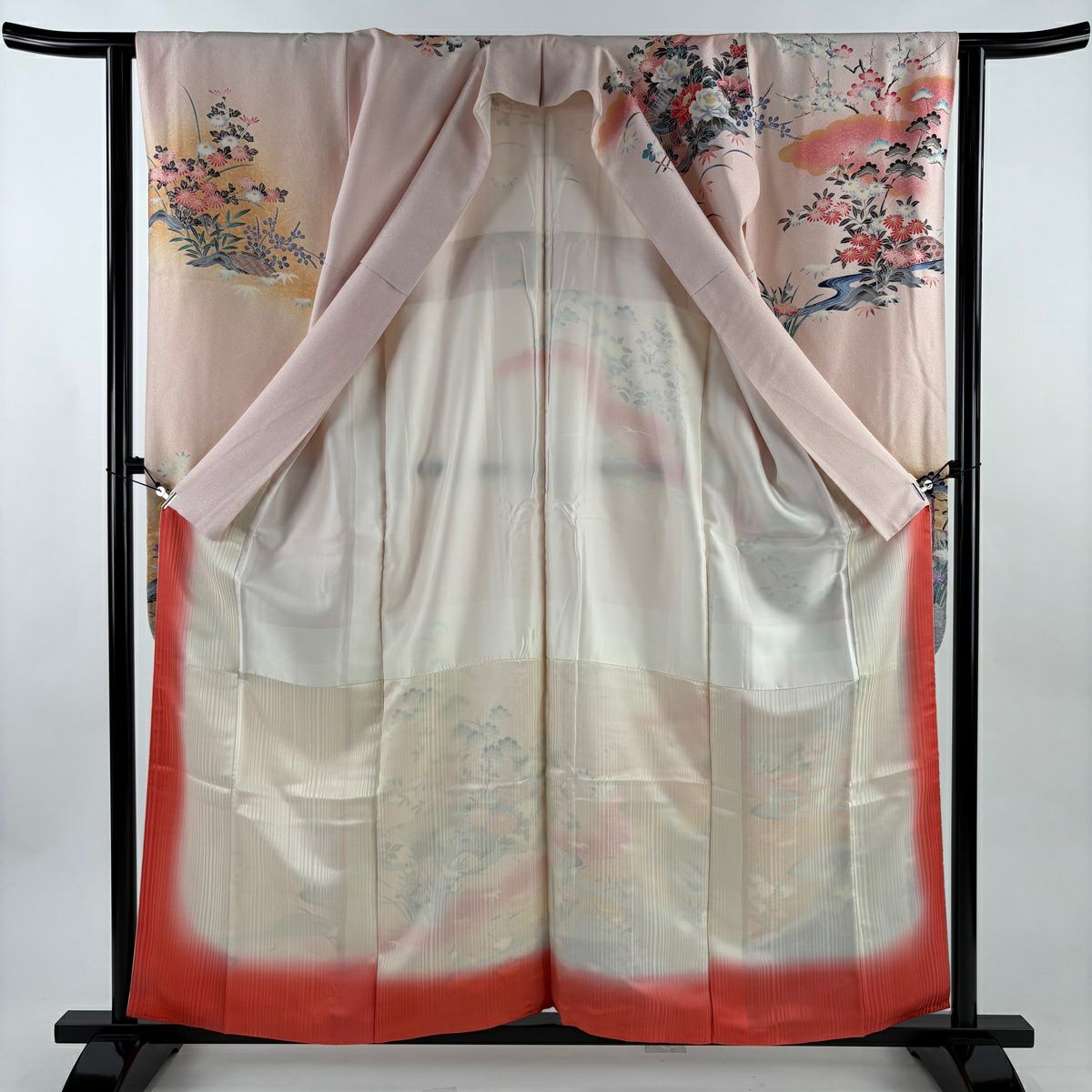 振袖禮服 身長158.5cm 袖長63cm S 雙層 草花紋紋 建物 銀通 金銀彩 淺粉色 純蠶絲 名品級