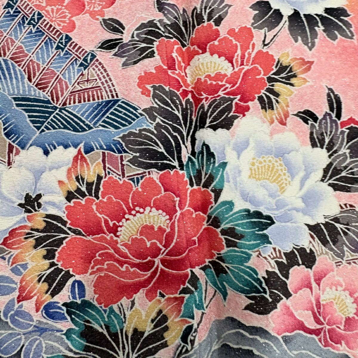 振袖禮服 身長158.5cm 袖長63cm S 雙層 草花紋紋 建物 銀通 金銀彩 淺粉色 純蠶絲 名品級