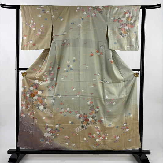 【美品】訪問服 身長156.5cm 袖長62cm S 雙層 花筏 波 金絲 金銀彩 米色 純蠶絲 名品級