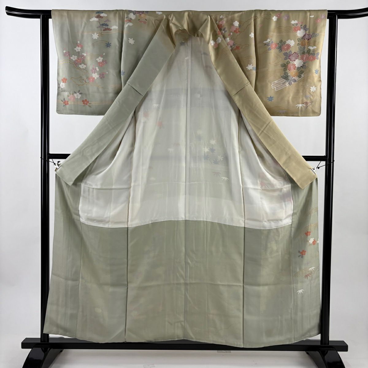 【美品】訪問服 身長156.5cm 袖長62cm S 雙層 花筏 波 金絲 金銀彩 米色 純蠶絲 名品級