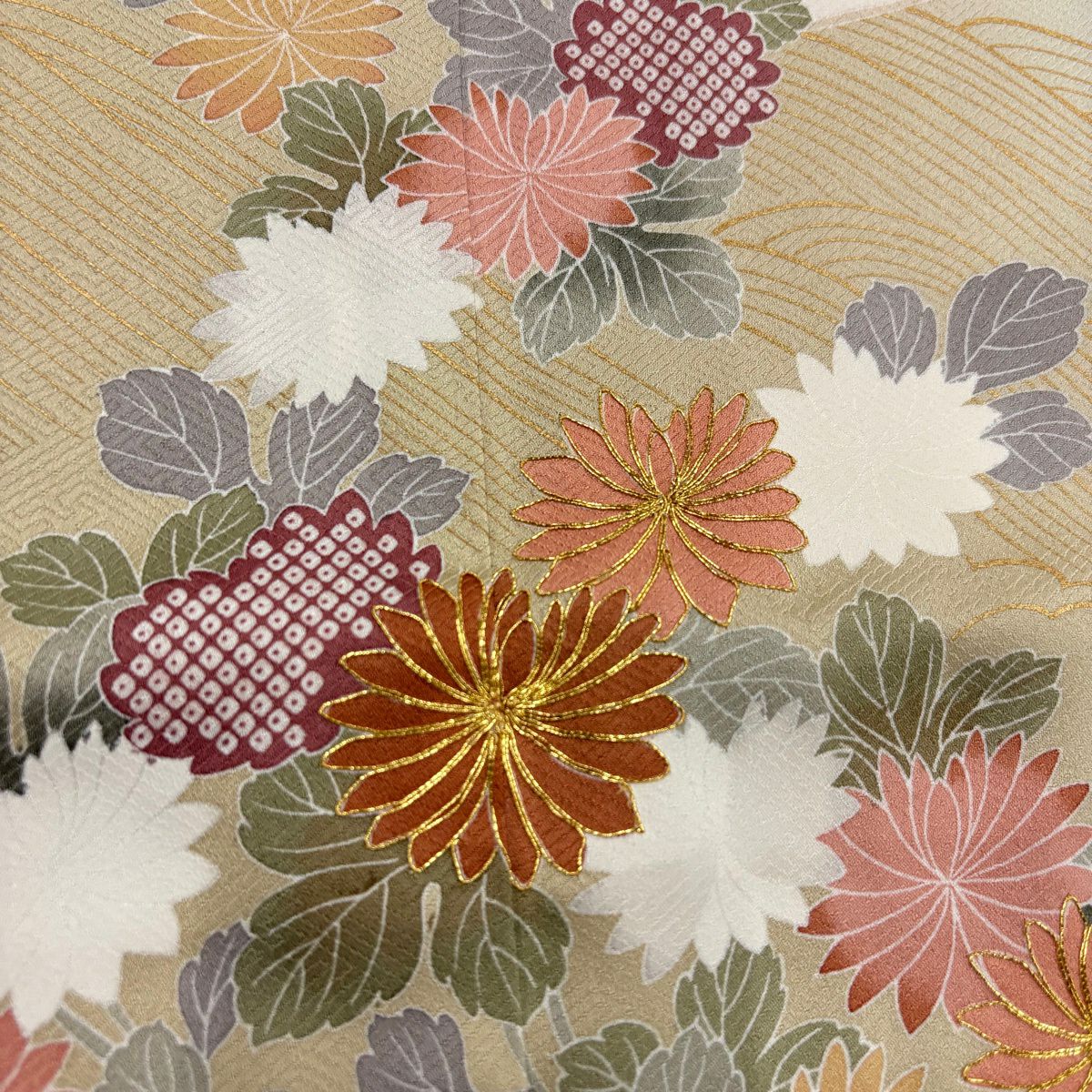 【美品】訪問服 身長156.5cm 袖長62cm S 雙層 花筏 波 金絲 金銀彩 米色 純蠶絲 名品級