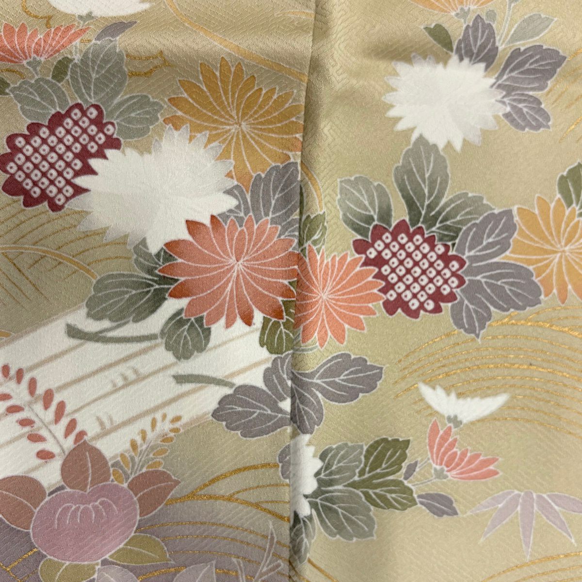 【美品】訪問服 身長156.5cm 袖長62cm S 雙層 花筏 波 金絲 金銀彩 米色 純蠶絲 名品級