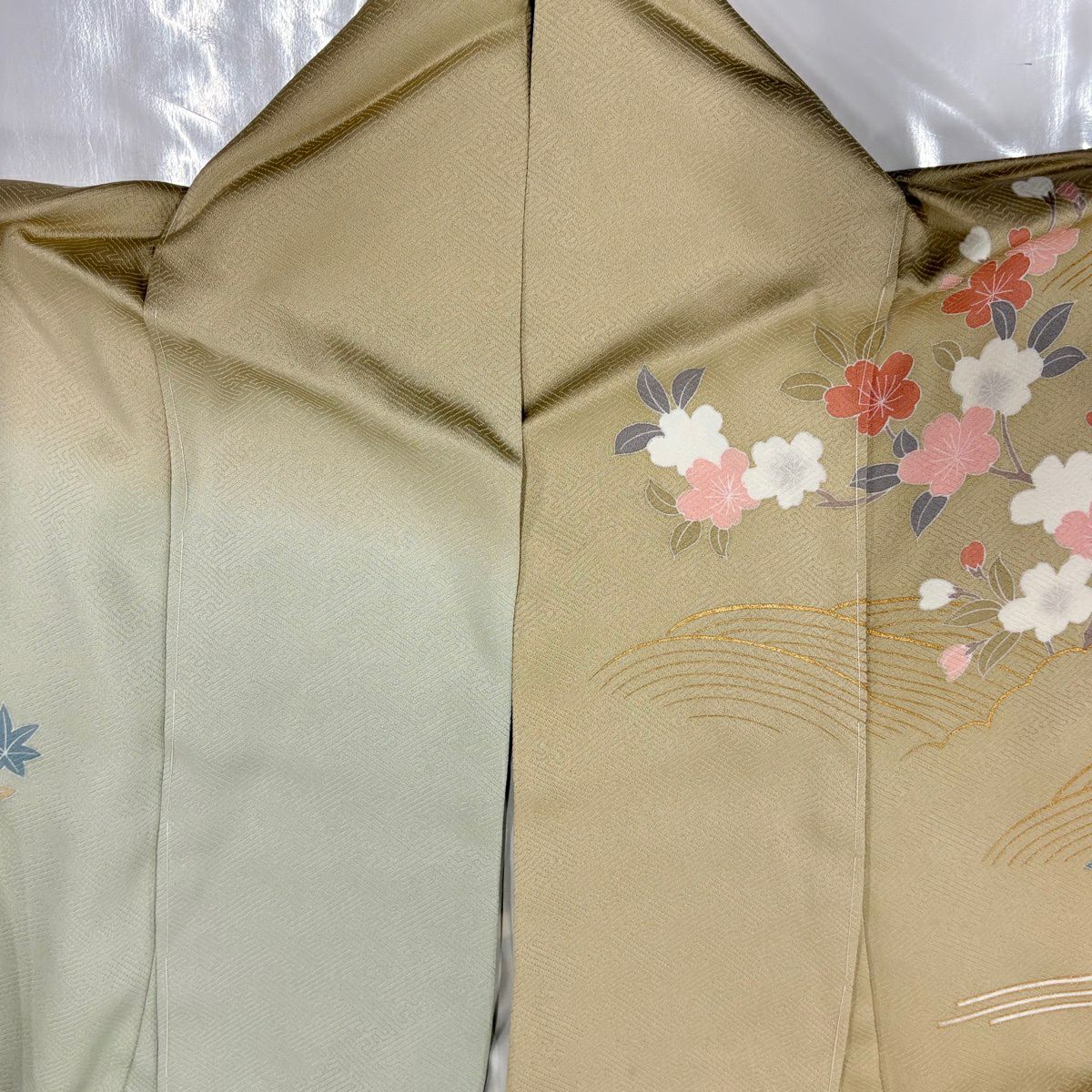 【美品】訪問服 身長156.5cm 袖長62cm S 雙層 花筏 波 金絲 金銀彩 米色 純蠶絲 名品級
