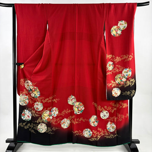 振袖禮服 身長162cm 袖長68.5cm L 雙層 花丸紋 菊花 金銀彩 漸層 紅 純蠶絲 優品級