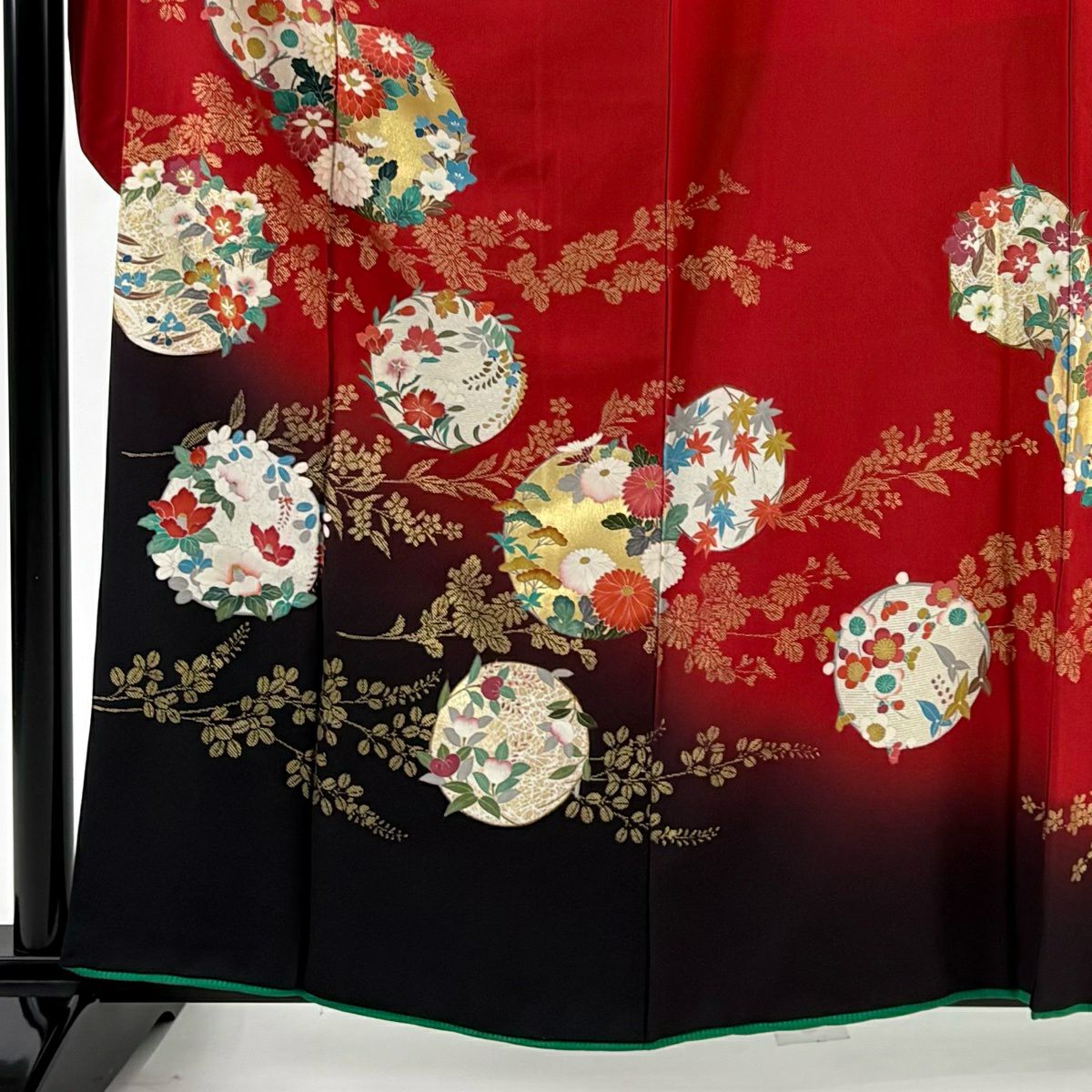 振袖禮服 身長162cm 袖長68.5cm L 雙層 花丸紋 菊花 金銀彩 漸層 紅 純蠶絲 優品級