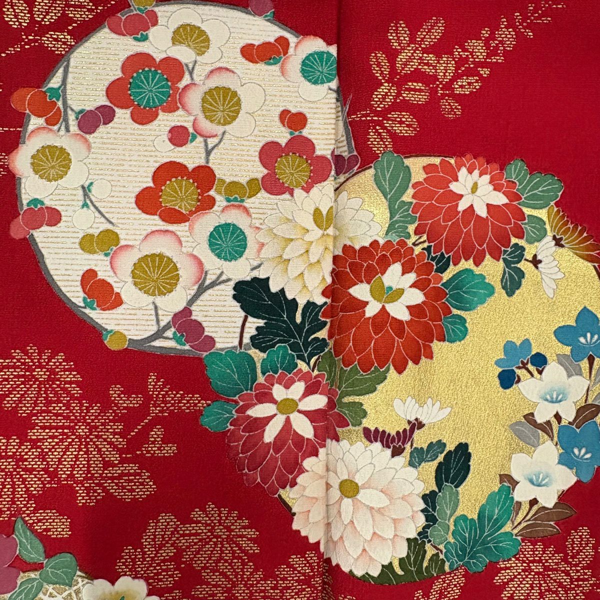 振袖禮服 身長162cm 袖長68.5cm L 雙層 花丸紋 菊花 金銀彩 漸層 紅 純蠶絲 優品級
