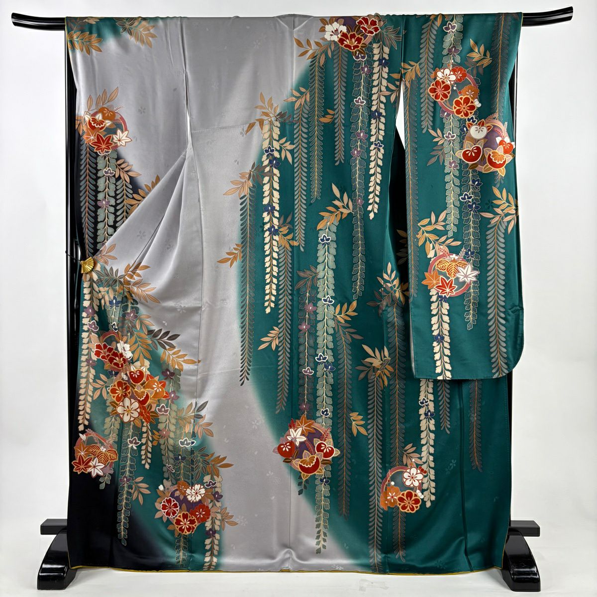 【美品】振袖禮服 身長172cm 袖長68cm L 雙層 橘 紫 金絲 金銀彩 綠 純蠶絲 秀品級