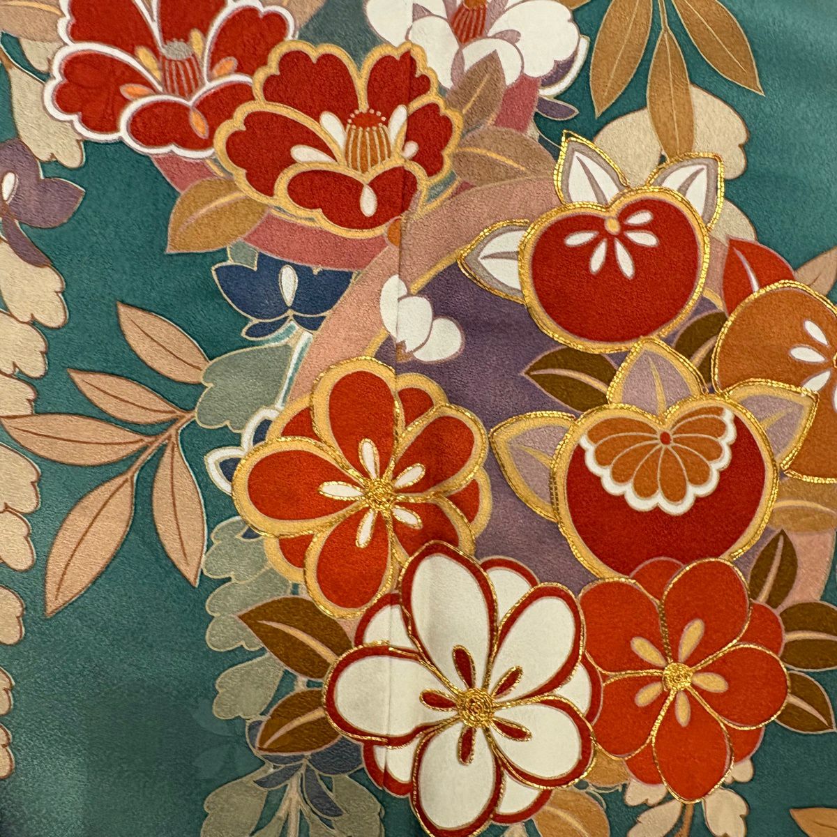 【美品】振袖禮服 身長172cm 袖長68cm L 雙層 橘 紫 金絲 金銀彩 綠 純蠶絲 秀品級