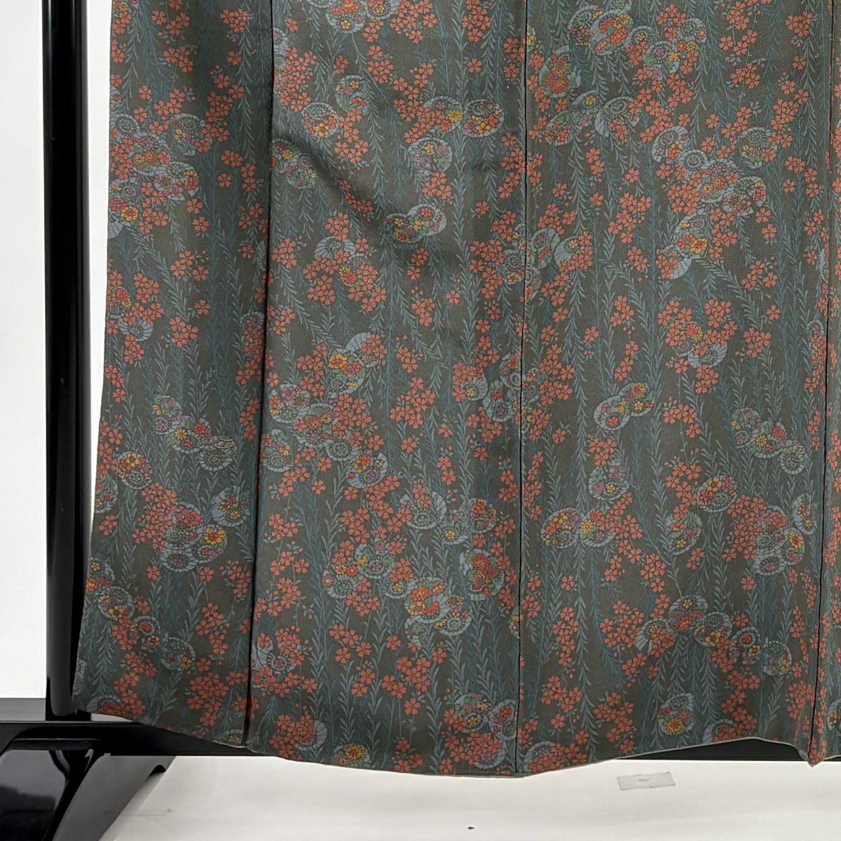 【美品】 小紋 身長161cm 袖長61.5cm S 雙層 落款あり 樱花花伞 灰綠 純蠶絲 秀品級
