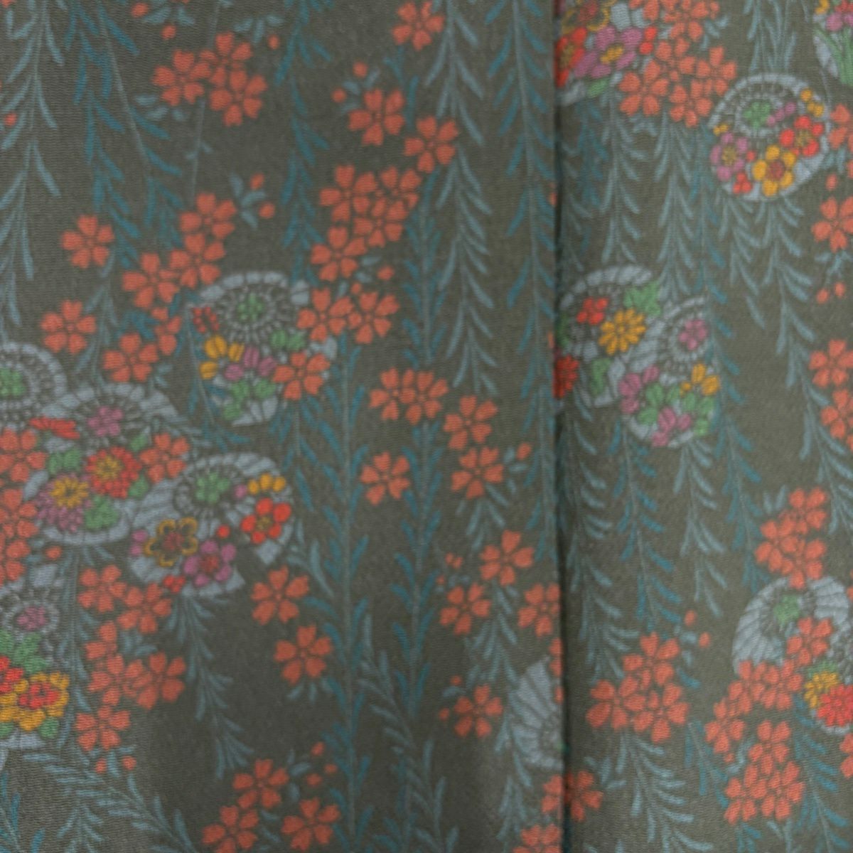 【美品】 小紋 身長161cm 袖長61.5cm S 雙層 落款あり 樱花花伞 灰綠 純蠶絲 秀品級