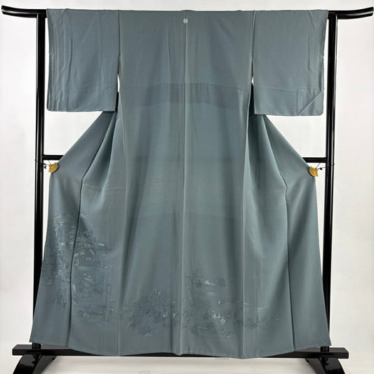 付下 身長158cm 袖長62cm S 雙層 家屋 人物 金糸 刺繡 灰綠 純蠶絲 秀品級 一つ紋
