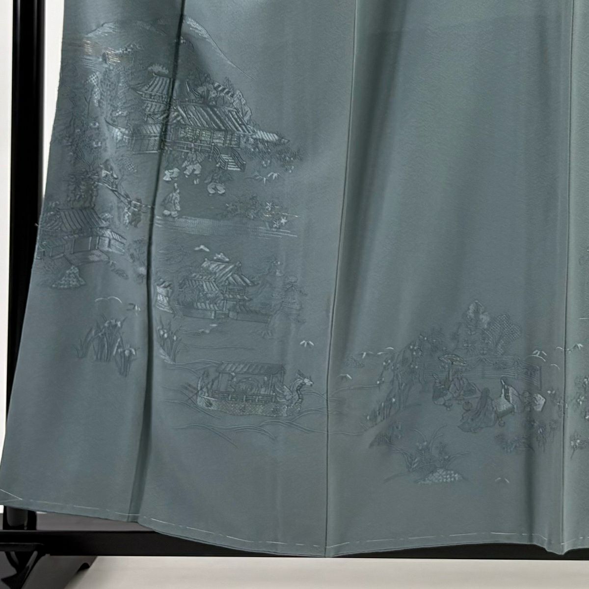 付下 身長158cm 袖長62cm S 雙層 家屋 人物 金糸 刺繡 灰綠 純蠶絲 秀品級 一つ紋