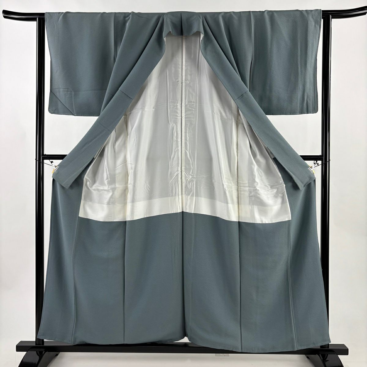 付下 身長158cm 袖長62cm S 雙層 家屋 人物 金糸 刺繡 灰綠 純蠶絲 秀品級 一つ紋
