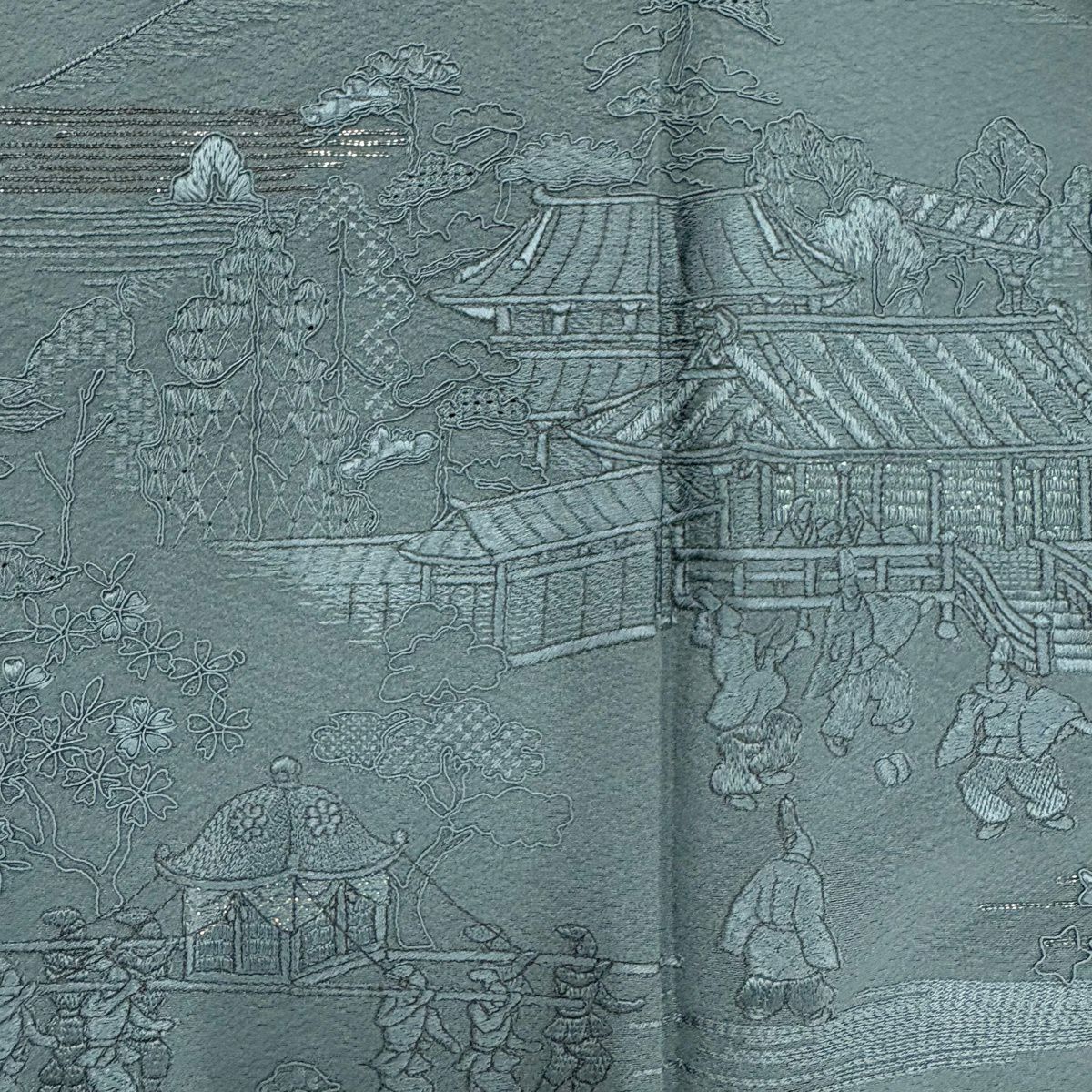 付下 身長158cm 袖長62cm S 雙層 家屋 人物 金糸 刺繡 灰綠 純蠶絲 秀品級 一つ紋