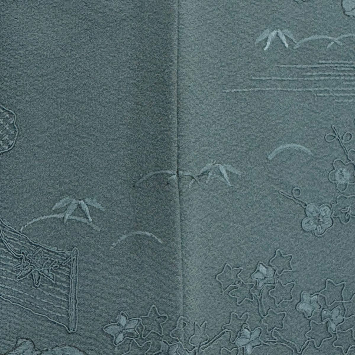 付下 身長158cm 袖長62cm S 雙層 家屋 人物 金糸 刺繡 灰綠 純蠶絲 秀品級 一つ紋