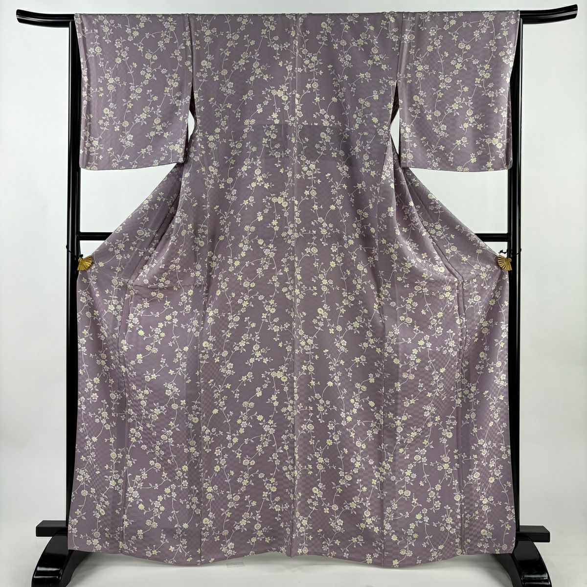 【美品】 小紋 身長166.5cm 袖長65.5cm M 單層 草花紋紋 地紋 淡紫 純蠶絲 秀品級
