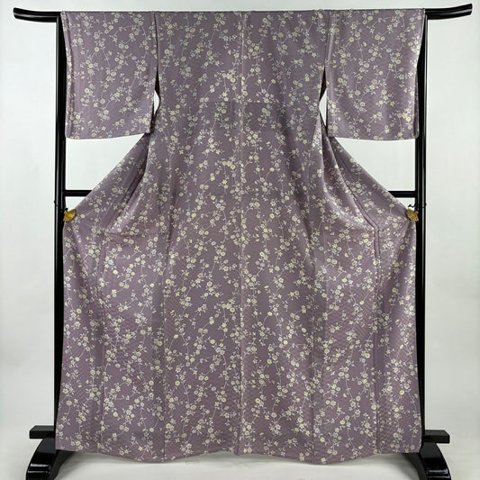 【美品】 小紋 身長166.5cm 袖長65.5cm M 單層 草花紋紋 地紋 淡紫 純蠶絲 秀品級