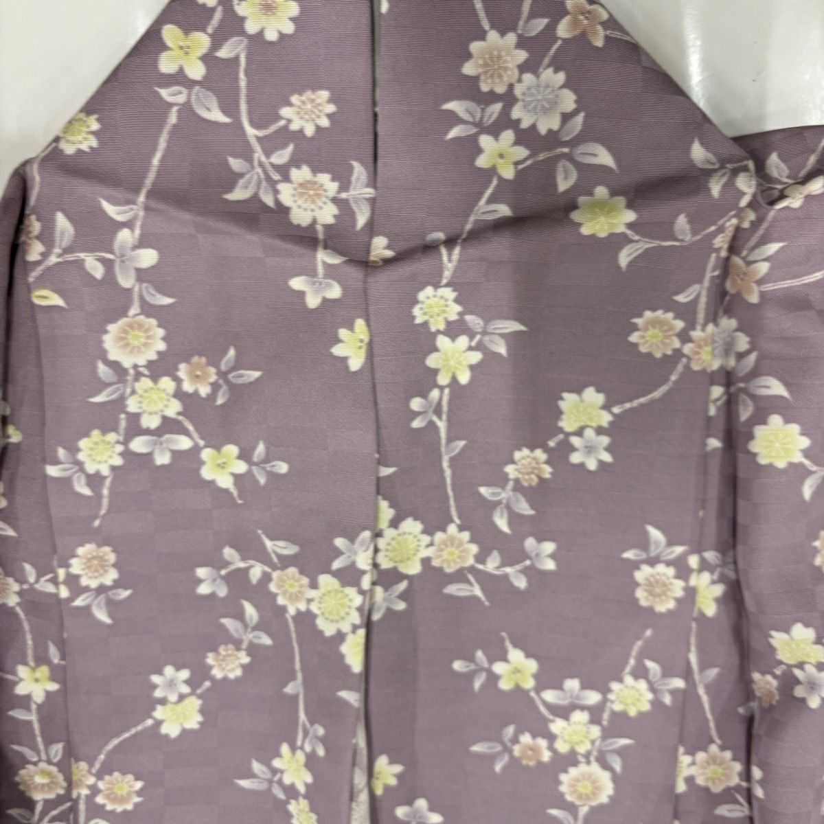 【美品】 小紋 身長166.5cm 袖長65.5cm M 單層 草花紋紋 地紋 淡紫 純蠶絲 秀品級