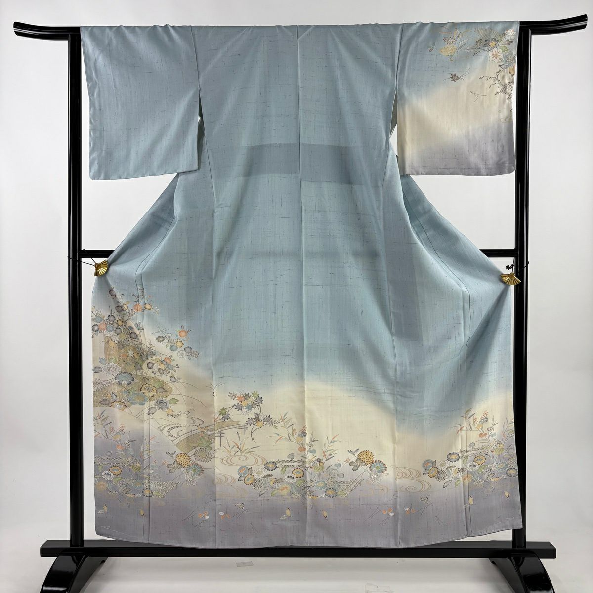【美品】訪問服 身長160cm 袖長63cm S 雙層 紬織織 橋 草花紋紋 漸層 水藍色 純蠶絲 優品級