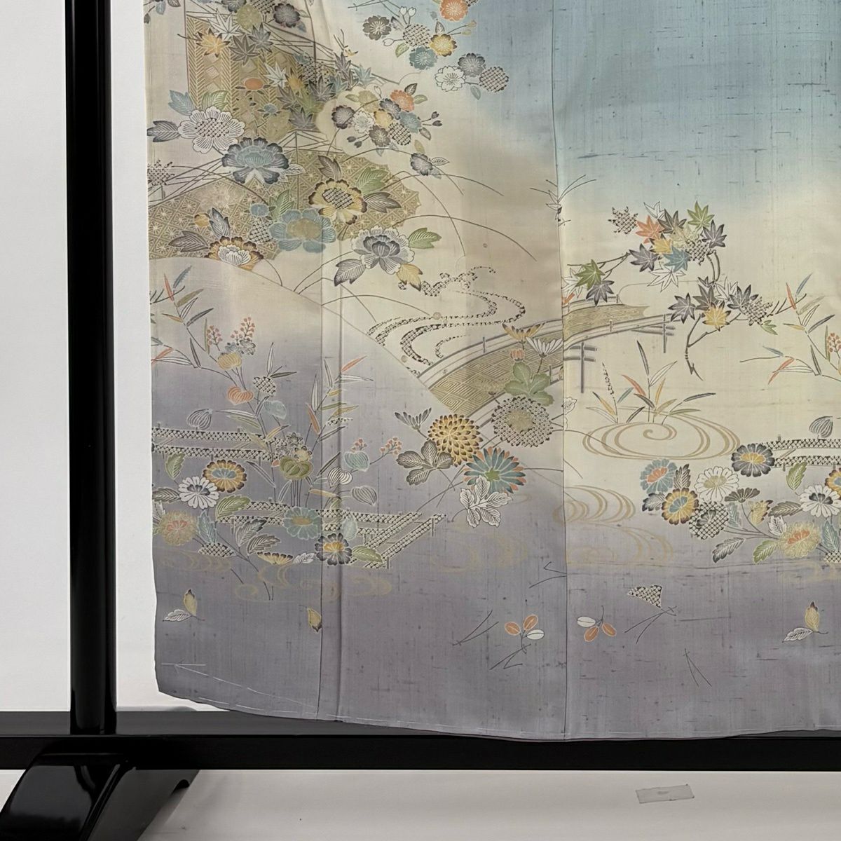【美品】訪問服 身長160cm 袖長63cm S 雙層 紬織織 橋 草花紋紋 漸層 水藍色 純蠶絲 優品級