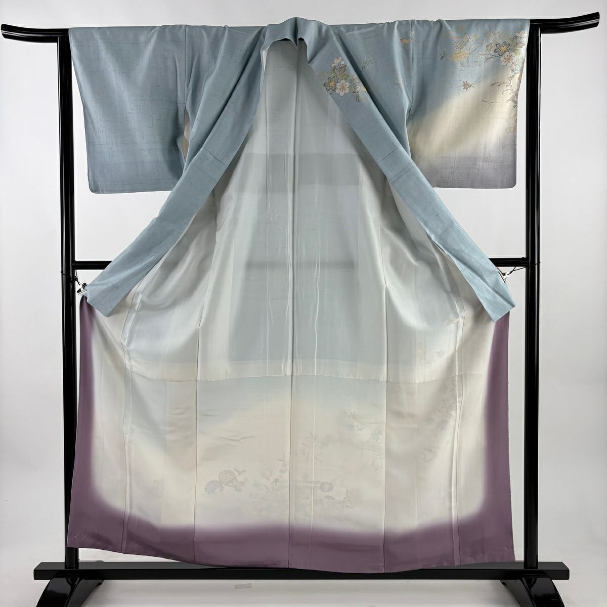 【美品】訪問服 身長160cm 袖長63cm S 雙層 紬織織 橋 草花紋紋 漸層 水藍色 純蠶絲 優品級