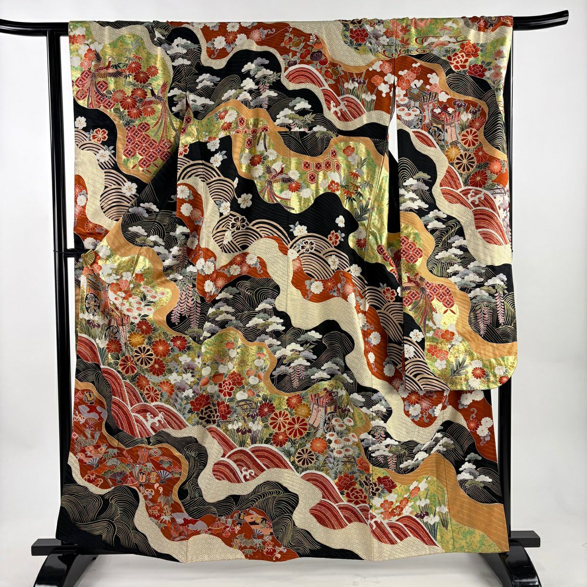 振袖禮服 身長163cm 袖長65cm M 雙層 御所車 菊花 金絲 金銀彩 黑 純蠶絲 秀品級