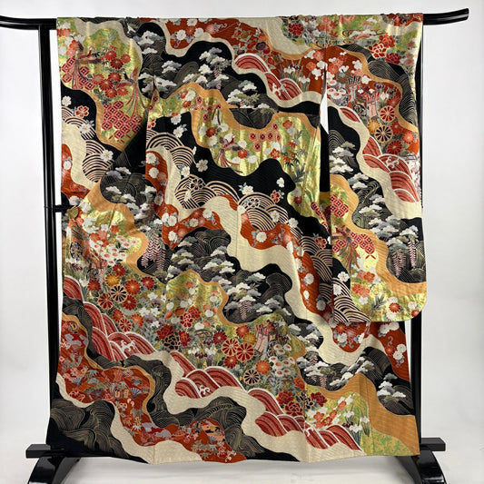 振袖禮服 身長163cm 袖長65cm M 雙層 御所車 菊花 金絲 金銀彩 黑 純蠶絲 秀品級