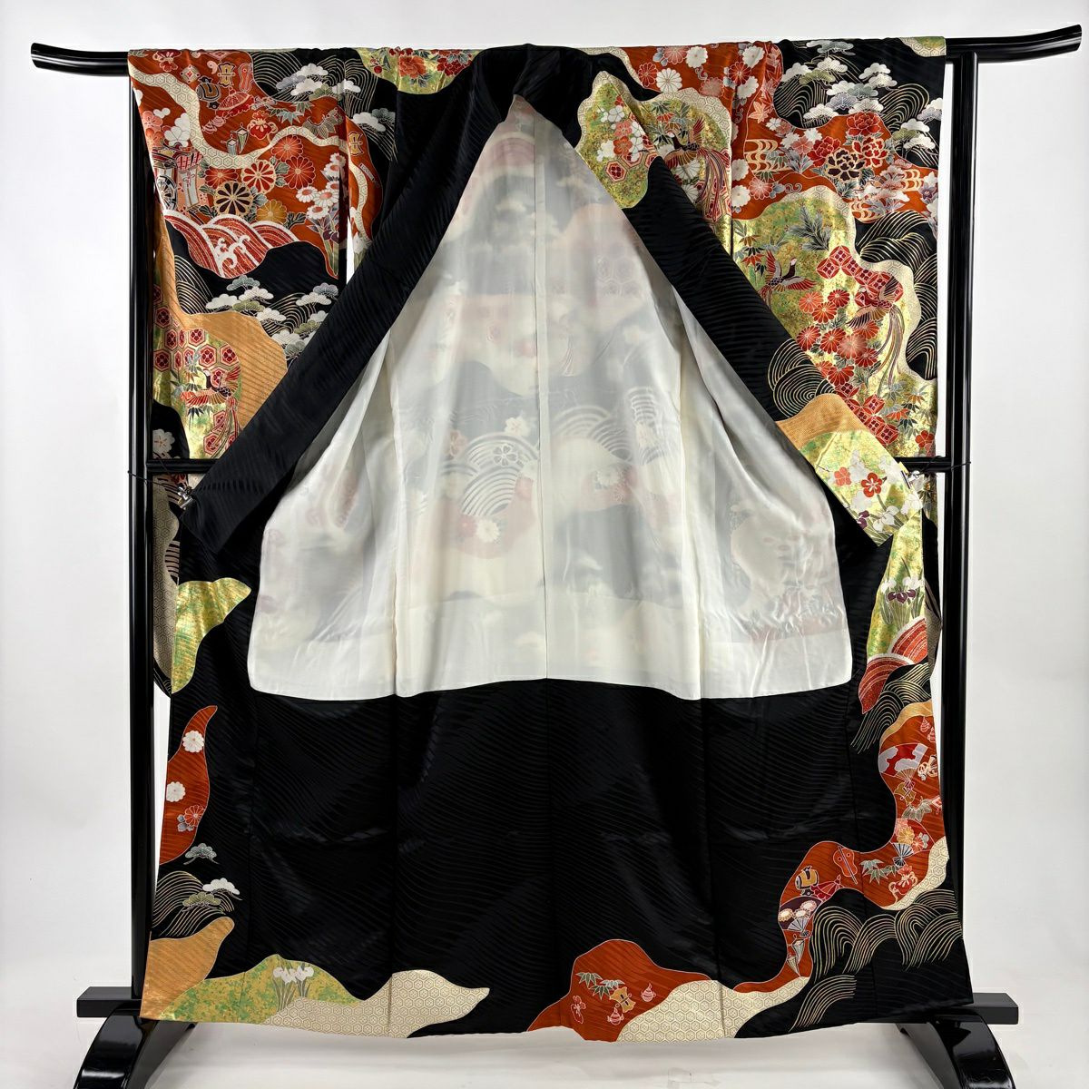 振袖禮服 身長163cm 袖長65cm M 雙層 御所車 菊花 金絲 金銀彩 黑 純蠶絲 秀品級