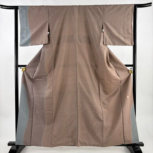 【美品】訪問服 身長162.5cm 袖長63cm S 雙層 紬織織 落款あり 葉柄 露 小豆 深藍 純蠶絲 秀品級