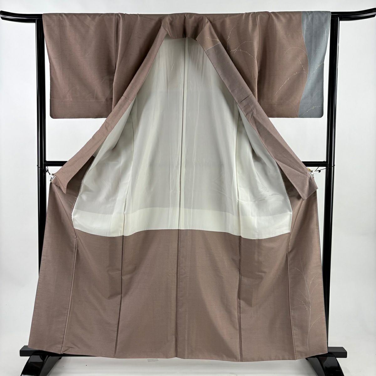【美品】訪問服 身長162.5cm 袖長63cm S 雙層 紬織織 落款あり 葉柄 露 小豆 深藍 純蠶絲 秀品級