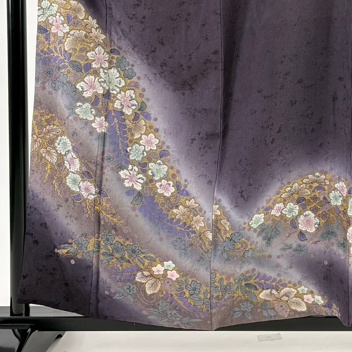 訪問服 身長159cm 袖長68cm L 雙層 大和 草花紋紋 金彩裝飾 漸變 深紫 純蠶絲 優品級
